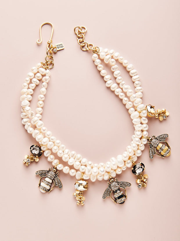 15-18" Triple Fresh Water Pearl, Bee & Crystal Necklace - John Wind Maximal Art