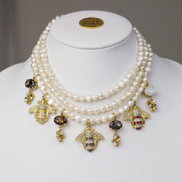 15-18" Triple Fresh Water Pearl, Bee & Crystal Necklace - John Wind Maximal Art