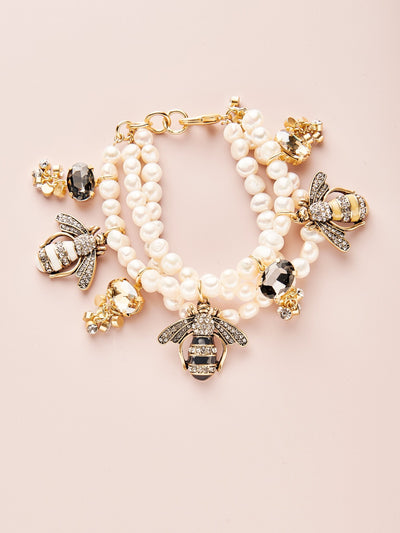 8.5" Triple Fresh Water Pearl Bee & Crystal Bracelet - John Wind Maximal Art