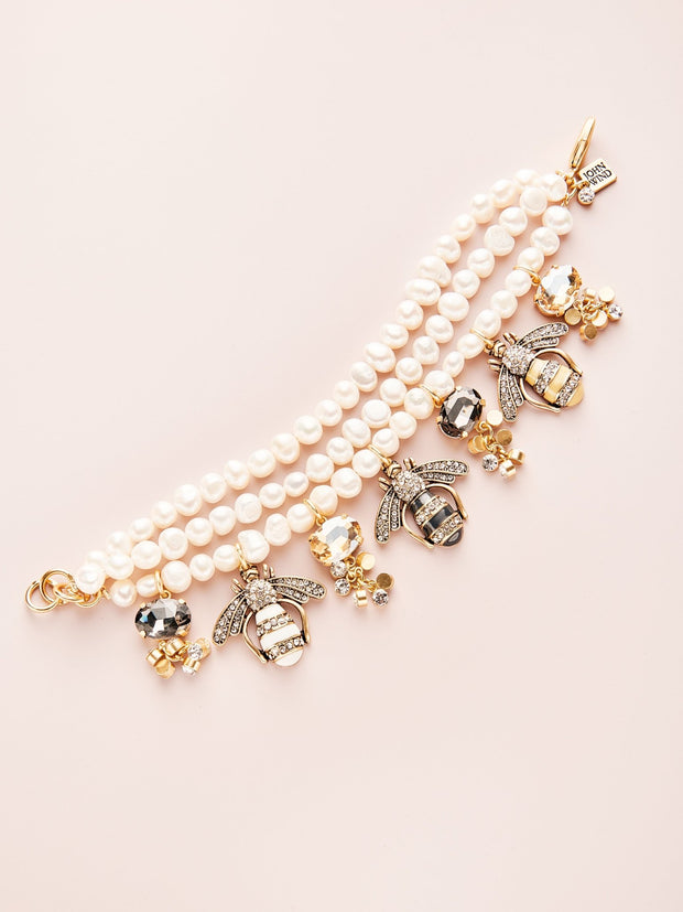 8.5" Triple Fresh Water Pearl Bee & Crystal Bracelet - John Wind Maximal Art