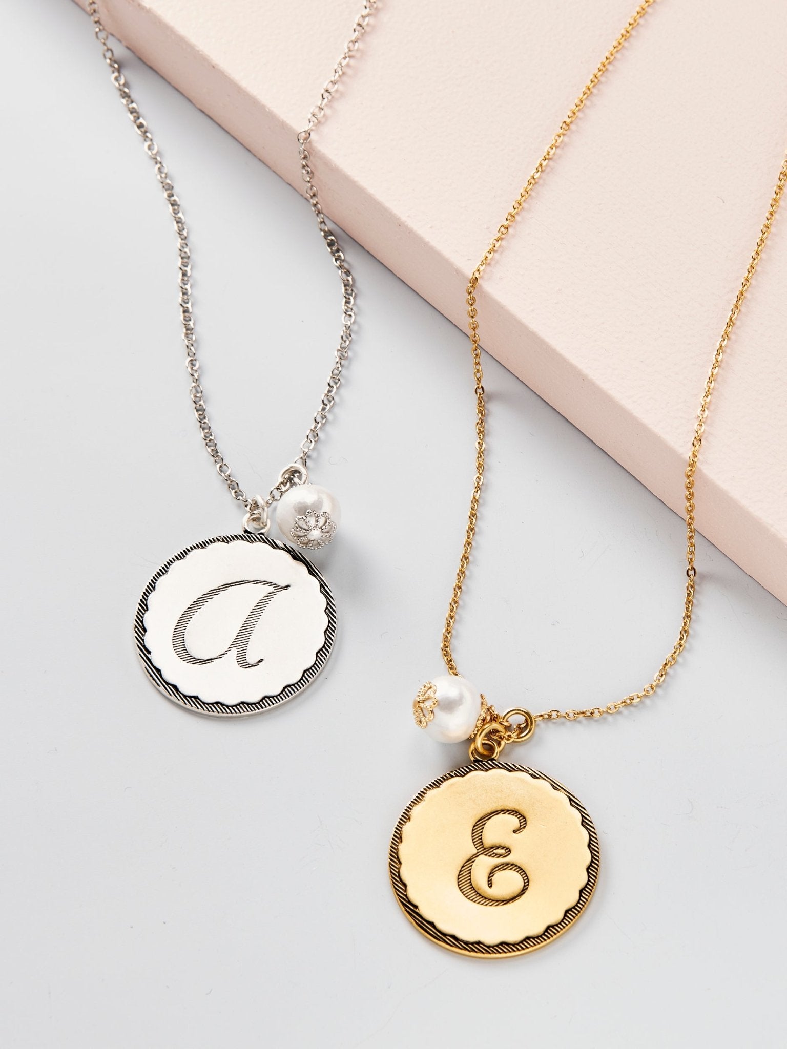 Hand engraved monogram disc charm necklace with Toggle clasp and large link  chain.